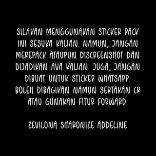 😊 SILAKAN MENGGUNAKAN STICKER PACK
INI SESUKA KALIAN. NAMUN, JANGAN
MEREPACK ATAUPUN DISCREENSHOT DAN
DIJADIKAN AVA KALIAN. JUGA, JANGAN
DIBUAT UNTUK STICKER WHATSAPP.
BOLEH DIBAGIKAN NAMUN SERTAKAN CR
ATAU GUNAKAN FITUR FORWARD.
ZEVILONA SHARONIZE ADDELINE telegram sticker