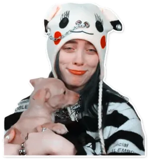 🥰 Billie Eilish Билли Айлиш, певица, знаменитость, собака, домашнее животное, шляпа telegram sticker