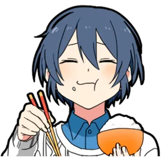 😋 anime, dibujos animados, comiendo, arroz, palillos chinos, sonriendo, pelo azul, feliz telegram sticker