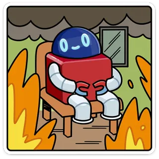 👌 robot, fire, house, cartoon, digital art, illustration, sitting, chair telegram sticker