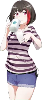 🍵 Anime, Chica, Bebiendo, Camiseta de rayas, Pelo rojo telegram sticker