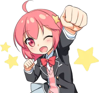 😜 anime meisje, roze haar, schattig, knipoog, sterren, cartoon, aanmoedigen, kawaii telegram sticker