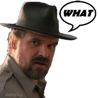 ❓ Jim Hopper Stranger Things WHAT stranger things, jim hopper, david harbour, what, question, fedora, character, meme telegram sticker