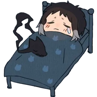 😞 traurig, weinend, Bett, Anime, Katze, Chibi telegram sticker