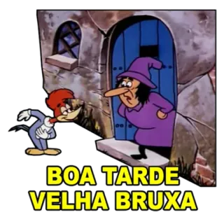 🧹 Woody Woodpecker BOA TARDE VELHA BRUXA cartoon, witch, woodpecker, greeting, old woman telegram sticker