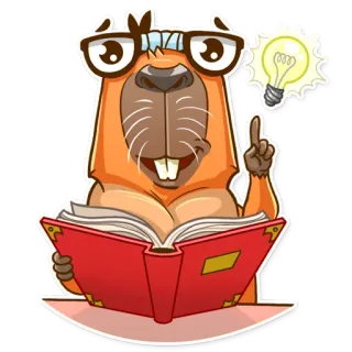 🤓 บีเวอร์, หนังสือ, การอ่าน, ฉลาด, หลอดไฟ, ไอเดีย, การ์ตูน, แว่นตา telegram sticker