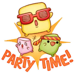 🥳 PARTY TIME! ปาร์ตี้, งานฉลอง, การ์ตูน, สนุก, น่ารัก, มาร์ชเมลโล telegram sticker