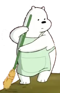 😣 Ice Bear We Bare Bears アニメ, アイスベア, ぼくらベアベアーズ, クマ, ほうき, エプロン, 掃除 telegram sticker