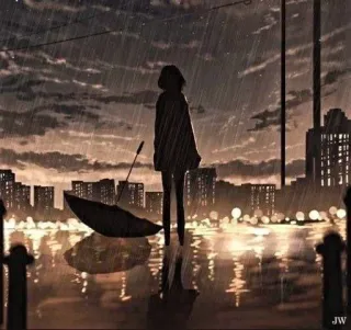 🥲 regen, regenschirm, stadt, nacht, silhouette, wasser, spiegelung telegram sticker