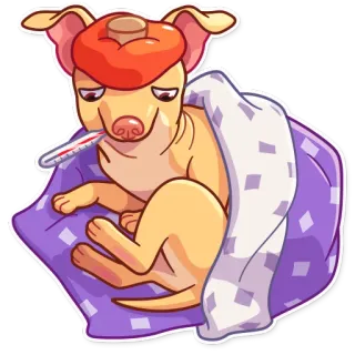 🤒 Hund, krank, erkrankt, Thermometer, Bett, Tier, Cartoon whatsapp sticker