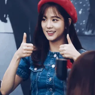 🤍 ผู้หญิง, ยกนิ้วโป้ง, หมวกเบเร่ต์สีแดง, ยิ้ม, คิดบวก, มีความสุข whatsapp sticker