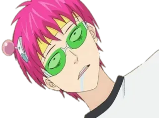 😵 Saiki Kusuo The Disastrous Life of Saiki K. аниме, Сайки К, Сайки Кусуо, розовые волосы, зеленые очки, уставший telegram sticker