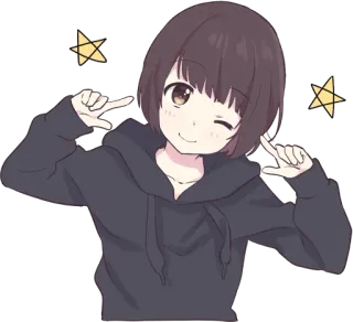 😉 fille anime, mignon, étoiles, clin d'oeil, sweat à capuche, kawaii whatsapp sticker