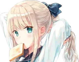 😷 อนิเมะ, ผู้หญิง, ขนมปังปิ้ง, ผมสีทอง, น่ารัก, ริบบิ้น telegram sticker