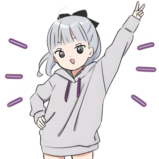 ✌️ anime girl, cartoon, chibi, peace sign, sticker, grey hoodie, cute, purple telegram sticker