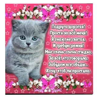 😓 Подруга дорогая!
Прости за всё меня!
Яз Я знаю, не святая,
* И требую ремня!
Мне очень-очень стыдно,
За всё, что говорила,
Забудем все обиды...
Хочу, чтоб ты простила. Katze, Entschuldigung, Freund, russisch, Kätzchen, süß, Blumen whatsapp sticker