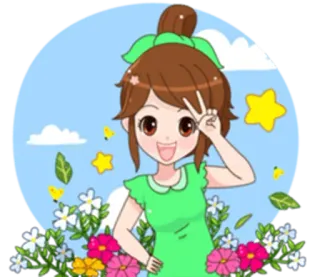 😥 desenho animado, menina, sinal de paz, flores, fofo, adesivo whatsapp sticker