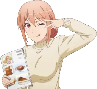 😉 Anime, Mulher, Sinal de paz, Piscadela, Comida, Livro telegram sticker