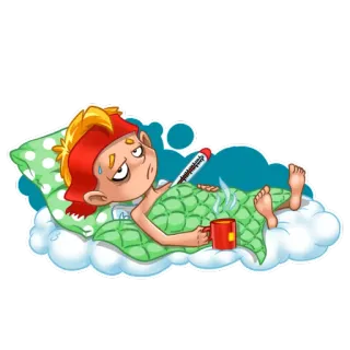😖 krank, ill, thermometer, bett, cartoon, junge, grippe, fieber telegram sticker