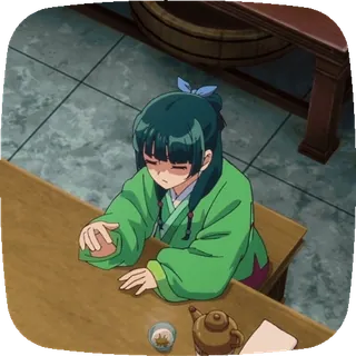 😮‍💨 アニメ, 女の子, 飲み物, 緑, 伝統衣装, 座る, テーブル telegram sticker