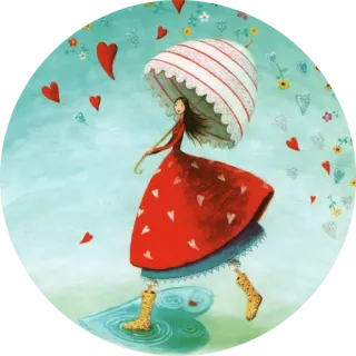 ❤ 伞, 爱心, 女孩, 连衣裙, 雨, 可爱, 异想天开, 红色, 图案 telegram sticker