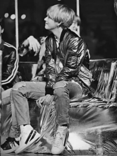 👽 person, sitting, jacket, jeans, sneakers, black and white telegram sticker