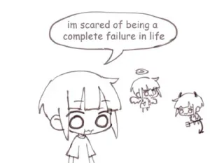 😣 im scared of being a complete failure in life ansiedad, miedo, fracaso, dibujo animado, ángel, diablo, vida, triste whatsapp sticker