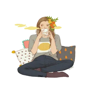 ☕ mujer, café, flores, sentada, chica telegram sticker