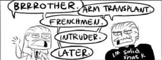 😮 BRRROTHER. ARM TRANSPLANT. FRENCHMEN. INTRUDER. LATER. I'M SOLID SNAKE cartoon, meme, text bubbles, comic telegram sticker