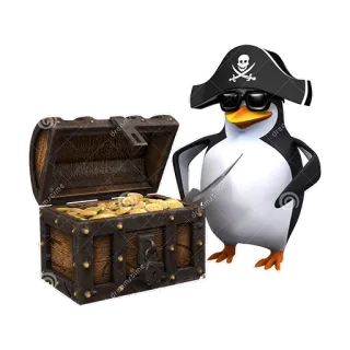 🏴 chim cánh cụt, cướp biển, rương kho báu, vàng, hoạt hình, nhãn dán, kính râm telegram sticker