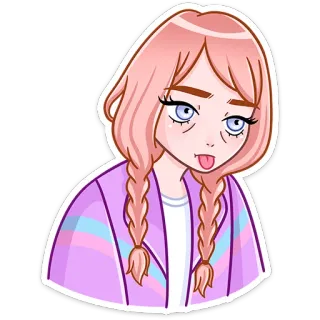 😝 мультик, девочка, розовые волосы, косички, язык, милый telegram sticker