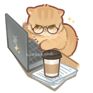😡 kapebeans. kucing, laptop, kopi, meja, hewan, kacamata, kerja, komputer whatsapp sticker