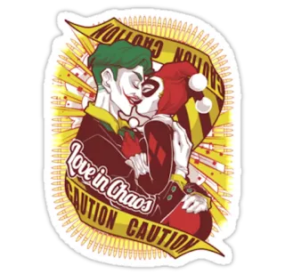 😘 Joker Love in Chaos CAUTION Coringa, Arlequina, DC Comics, vilões, história em quadrinhos, amor, caos, fita de advertência, beijando telegram sticker