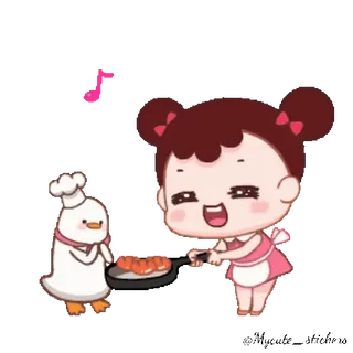 👧 烹饪, 卡通, 可爱, 食物, 厨师, 鸭子, 女孩, 平底锅 telegram sticker