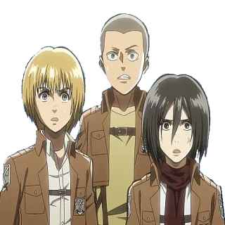😦 Attack on Titan アニメ, 進撃の巨人, AOT, アルミン・アルレルト, ミカサ・アッカーマン, コニー・スプリンガー, キャラクター telegram sticker