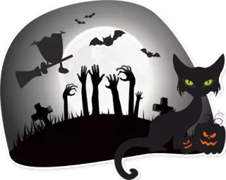 😎 Halloween, gato, zumbi, morcegos, lua, bruxa, assustador, noite, cemitério telegram sticker