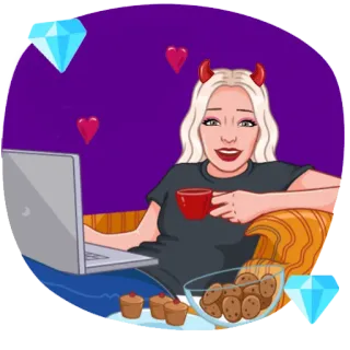 💻 kobieta, diabeł, rogi, filiżanka, ciastka, laptop, kreskówka telegram sticker