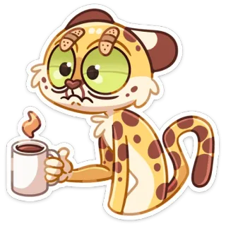 ☕️ animal, leopardo, gato, dibujo animado, café, cansado, agotado telegram sticker