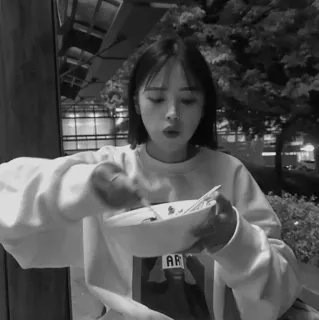 🎠 woman, eating, bowl, noodles, dinner, korean whatsapp sticker