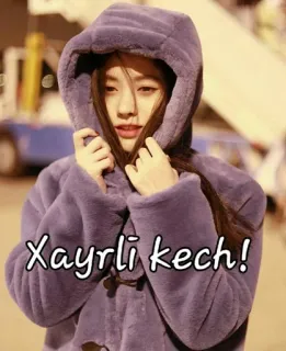☺ Xayrli kech! mulher, casaco roxo, blusa de moletom com capuz, pessoa, mulher, saudação, boa noite telegram sticker