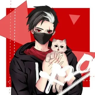 😺 อนิเมะ, แมว, เสื้อฮู้ด, สีแดง, ตัวละคร, หน้ากาก, ผมขาว, ผู้ชาย telegram sticker