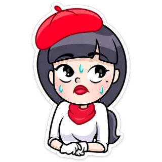 👩‍🦰 Мультфильм, Персонаж, Берет, Потный, Встревоженный, Смущенный telegram sticker