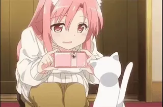 🐈 Anime, Katzenmädchen, Foto machen, Katze, pinke Haare telegram sticker