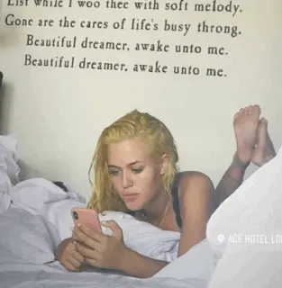 ☁️ List while I woo thee with soft melody. Gone are the cares of life's busy throng. Beautiful dreamer, awake unto me. Beautiful dreamer, awake unto me. ACE HOTEL LON phụ nữ, điện thoại, giường, khách sạn, tóc vàng, chân dung telegram sticker