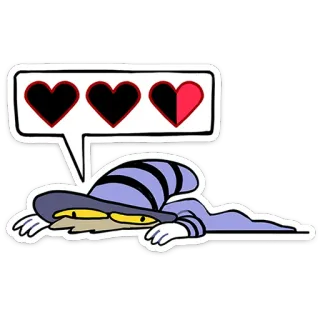 😢 cartoon, wizard, hearts, video game, health, exhausted, lying down, animation telegram sticker