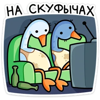 📺 НА СКУФЫЧАХ goose, cartoon, alcohol, couch, watching TV, birds telegram sticker