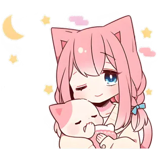 💤 Anime, Kawaii, Kot, Słodkie, Różowy, Gwiazdy, Księżyc telegram sticker