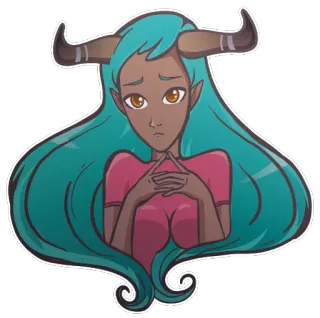 😩 dessin animé, cornes, fille, cheveux turquoise, fantaisie, personnage, animé whatsapp sticker