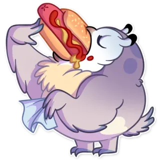 🌭 猫头鹰, 热狗, 食物, 卡通, 吃, 动物, 贴纸 telegram sticker