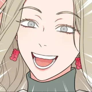 😃 femme, dessin animé, souriant, joyeux, boucles d'oreilles, oursons en gélatine whatsapp sticker